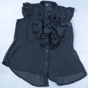 Paper Tee Blouse Medium Black Ruffle Front Sheer Sleeveless Button Up Top Womens